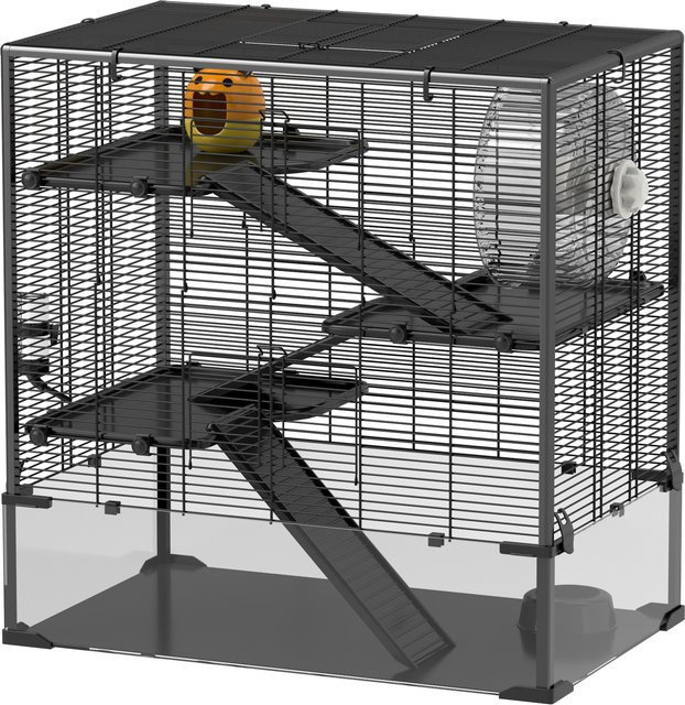PawHut Hamsterkäfig für Zwerghamster in Schwarz mit Glasboden, Hütte, Laufrad und Rampen, B/T/H: 78,5 x 48,5 x 80 cm - Bild 1