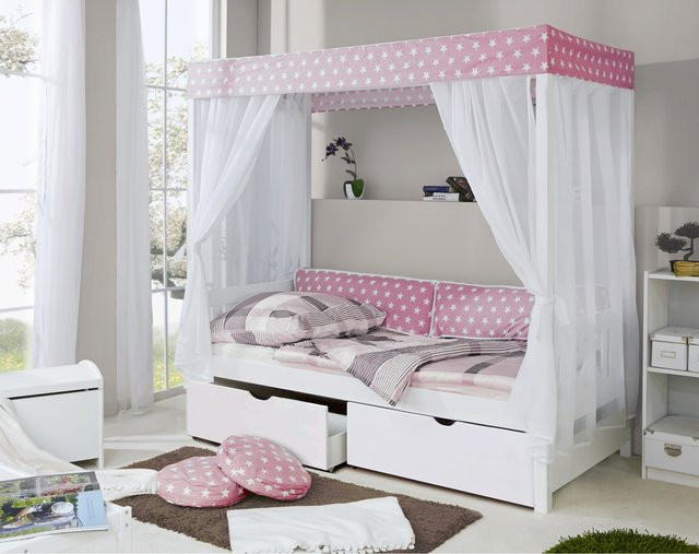 TiCAA Himmelbett Rosa Weiß mit Sternen aus Kiefer Massivholz für das Kinderzimmer - Bild 1