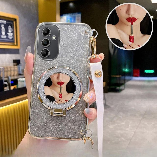 Samsung Galaxy Hülle mit Crossbody Lanyard, Spiegel und magnetischem Ständer in Silber für Galaxy A14 A24 A34 A54 A15 A25 A35 A55 A05 A05S 5G und A04S - Bild 1