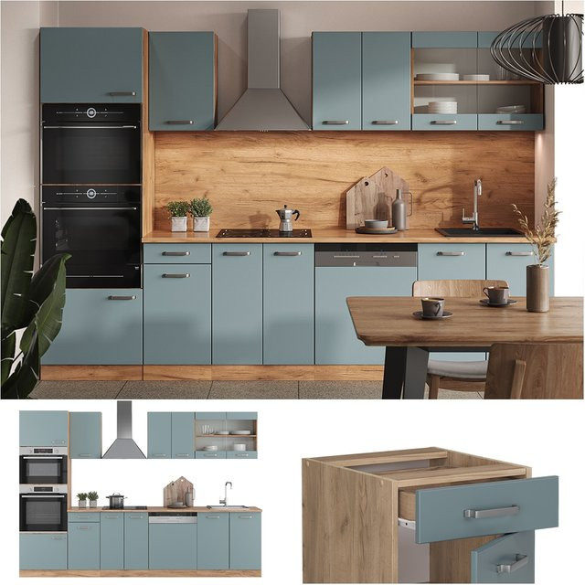 Vicco Küchenzeile R-Line Modern in Eiche und Blau-Grau mit 300 cm Breite - Bild 1