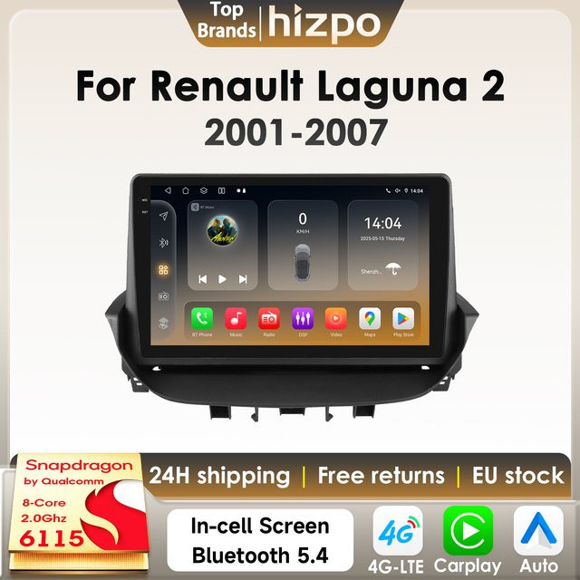Hizpo Drahtloses CarPlay und Android Auto Autoradio für Renault Laguna 2 2001–2007 mit AI GPS 2Din 4G-LTE DSP und Snapdragon 6115 in Schwarz - Bild 1