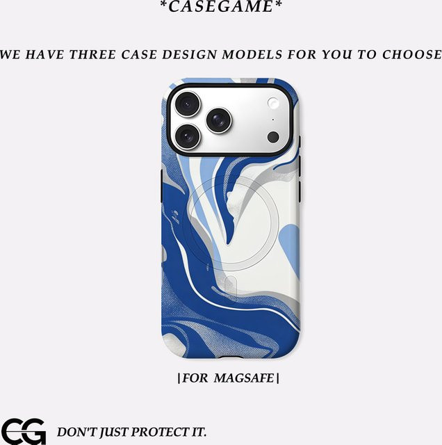 Casegame Matte MagSafe Bumper Hülle für iPhone 17 16 15 14 13 Pro Max Stoßfestes PC Cover Blau Silber Marmor Wirbel - Bild 1