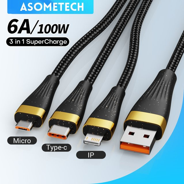 ASOMETECH 3 in 1 Schnellladekabel mit 100W und 6A für USB-C, Micro-USB und QC3.0 in Schwarz - Bild 1