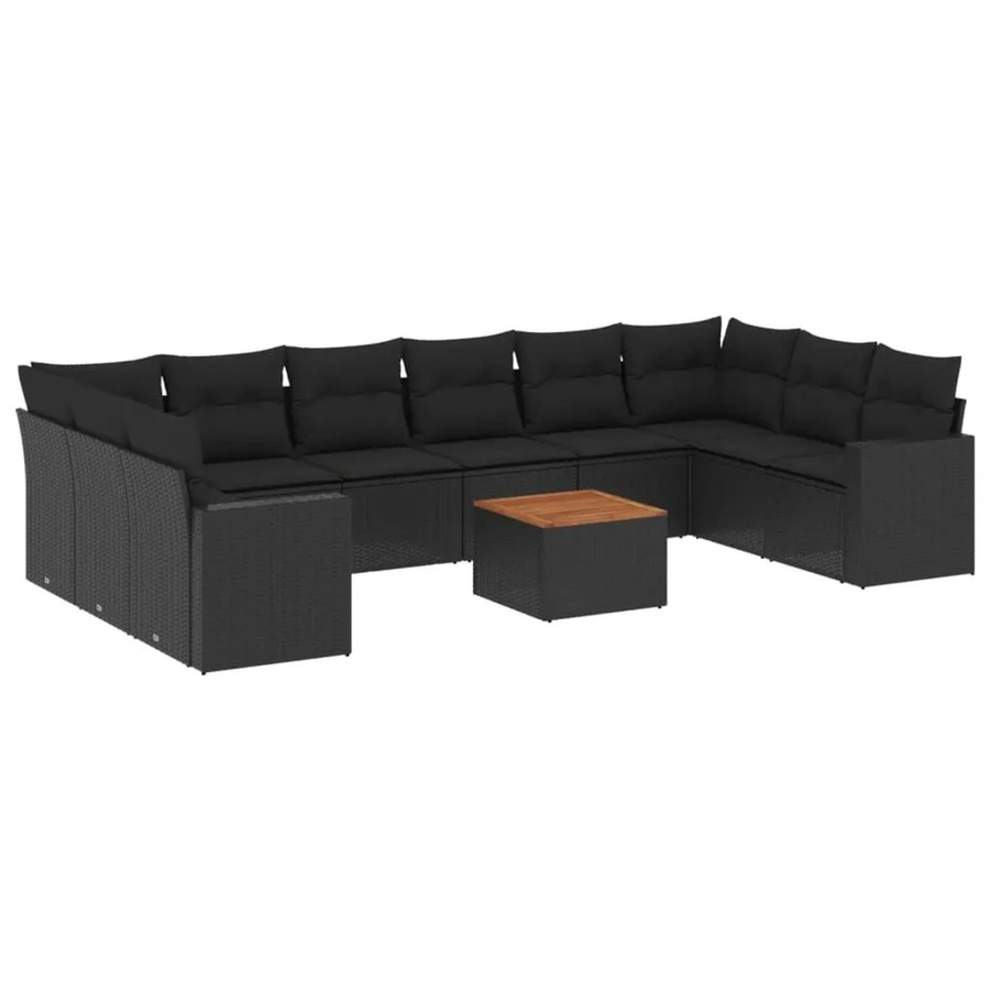 vidaXL 11-tlg. Garten-Sofagarnitur in L-Form aus Polyrattan mit Kissen und Couchtisch, Schwarz - Bild 2