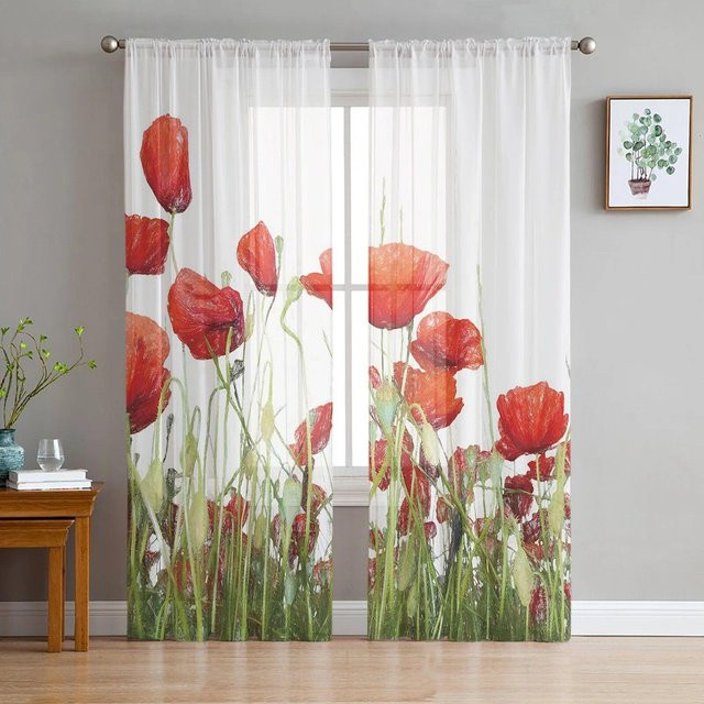 A Family Of Home Textiles Mohnblumen-Tüllvorhang mit floralem Design, transparent, weiß, B: 135 cm, H: 244 cm - Bild 1