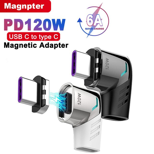 Magnpter Magnetischer USB-C zu Typ-C Adapter für 120W Schnellladung, rechtwinkliger USB-C-Anschluss in Schwarz oder Weiß - Bild 1
