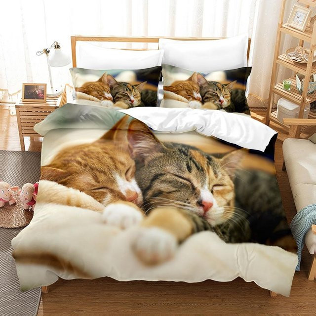 JMG Household Supplies Bettwäscheset mit Katzen-Motiv, 3-teiliges Microfaser-Set bestehend aus Bettbezug und Kissenbezug, Mehrfarbig, B/H: 135 x 200 cm - Bild 1