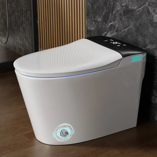 OUCEY Smart-Toilette mit integriertem Bidet und Schaumspender, einteilige Stand-Toilette mit sofortiger Warmwasserfunktion und doppelter automatischer Spülung, Keramik, Weiß oder Schwarz - Bild 1