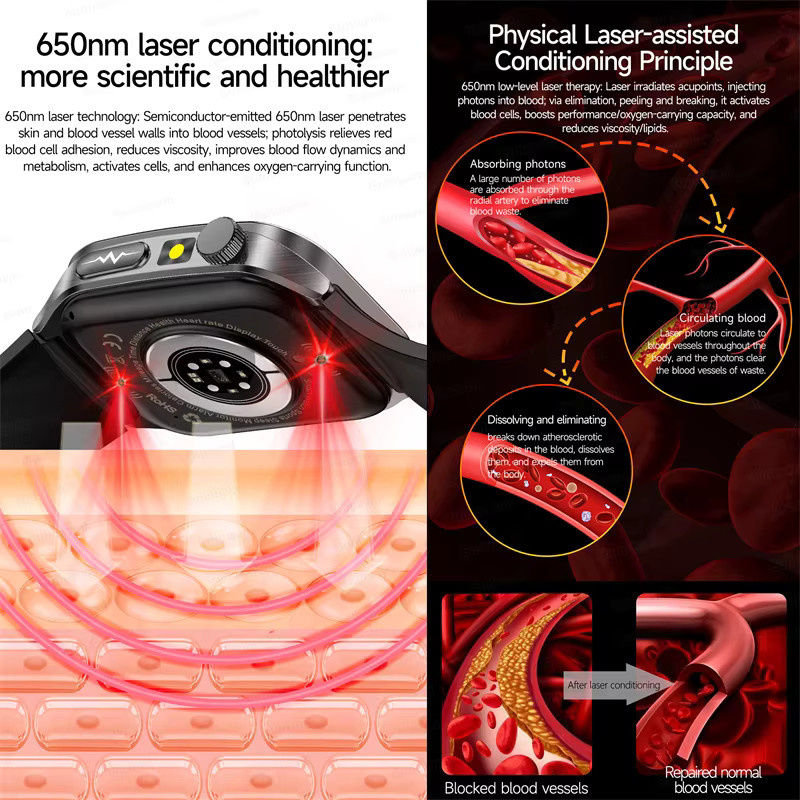 KAVSUMI Smartwatch mit Lasertherapie und Gesundheitsfunktionen in Blau für Damen und Herren mit EKG und SpO2-Messung - Bild 2