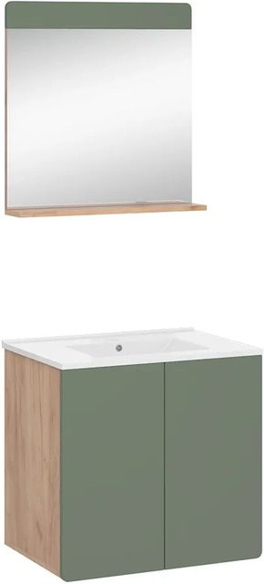 Vicco Badmöbel-Set Izan in Goldkraft Eiche und Grün, 3-teilig mit Spiegelschrank und Waschtischunterschrank, modern und matt - Bild 1