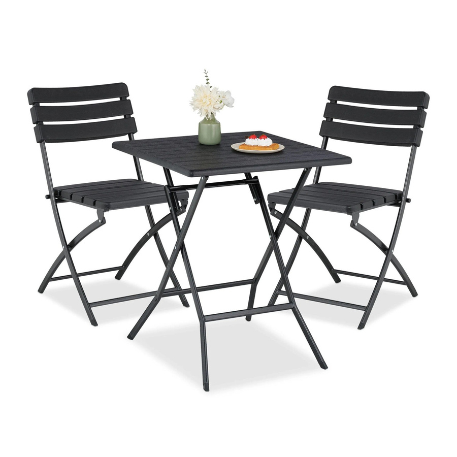 Relaxdays Balkonmöbel Set dreiteilig aus Stahl und Kunststoff in Schwarz mit Holzoptik, klappbar für Garten und Terrasse, H x B x T: 74 x 61 x 61 cm - Bild 2