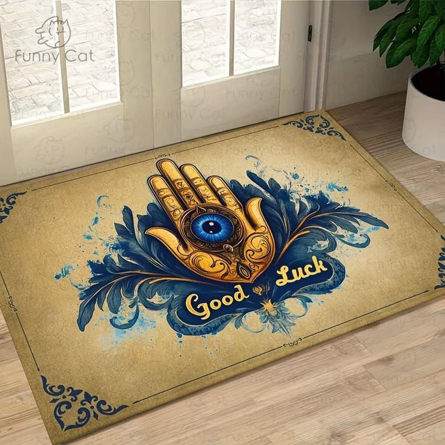 Wucifang Jewelry Nazar Willkommens-Fußmatte mit floralem Design in Blau und Gold, B/B: 80 x 50 cm - Bild 1
