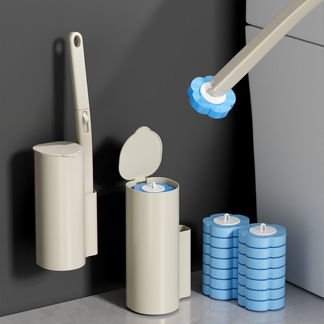 YITU Doppelfunktions-Toilettenbürstenset aus Kunststoff, wandmontiert oder stehend, inklusive antibakterieller Reinigungsflüssigkeit - Bild 1
