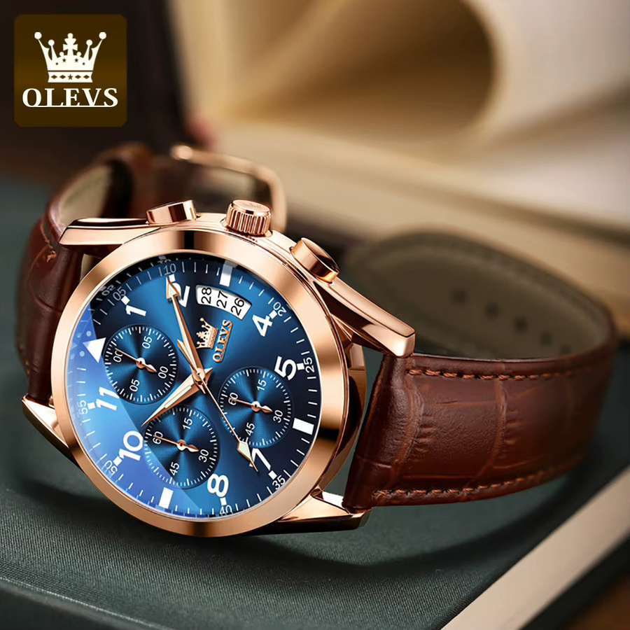 OLEVS Chronograph Armbanduhr, Quarz, Leder, Herren, Blau, Roségold - Bild 2