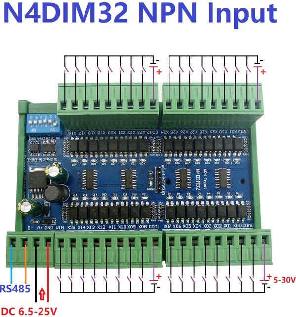 Eletechsup N4dih32 Digitaler Eingangsmodul Controller für PLC, 32 Kanäle, PNP/NPN, RS485 Modbus RTU, Grün - Bild 1