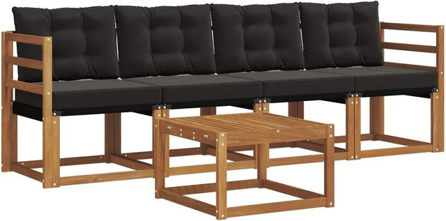 vidaXL Outdoor-Sofagarnitur 5-tlg. aus Akazienholz und Textilene in Natur und Schwarz mit Kissen - Bild 1