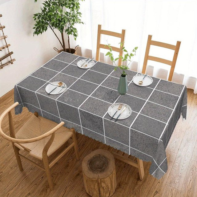 Graue Tischdecke von Fancy Style Studio mit Quadratmuster und gewelltem Fächer-Rand aus wasserabweisendem Polyester, Rechteckig, B: 140 cm, L: 200 cm - Bild 1