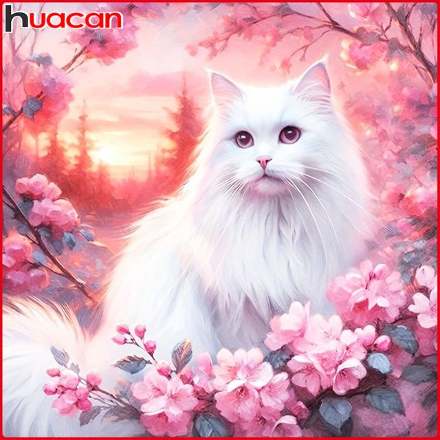 Huacan Diamantgemälde Set mit Katze und Blumen in Mehrfarbig, Rundbohrer Mosaik-Set für dekorative Wandbilder - Bild 1