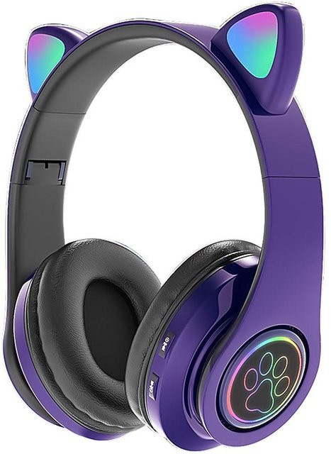 JQIQLY Bluetooth 5.0 On-Ear Kopfhörer mit Katzenohren, RGB-Beleuchtung und Mikrofon, kabellos und kabelgebunden, faltbar, Violett - Bild 1