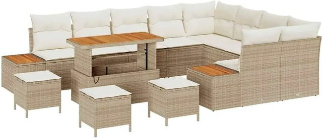 vidaXL Garten-Sofa-Set aus Poly Rattan und Akazienholz mit Kissen, 13-teilig, Beige - Bild 1