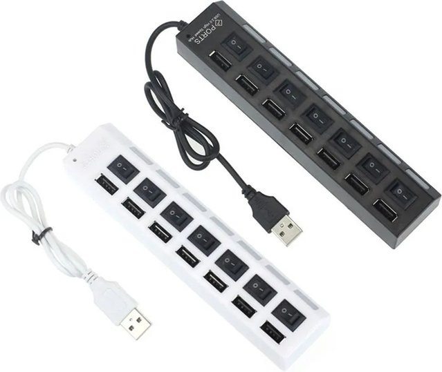 MZX 7-Port USB-Hub Konzentrator mit Schalterkabel, USB 2.0 Multi-Splitter Mehrfach-Erweiterungsadapter in Schwarz - Bild 1