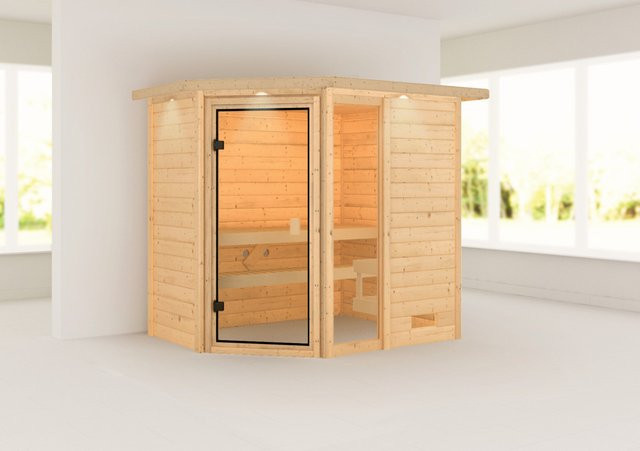Karibu Massivholzsauna Jada mit LED-Dachkranz aus nordischer Fichte in Natur/Braun, B: 224 cm, T: 160 cm, H: 191 cm - Bild 1