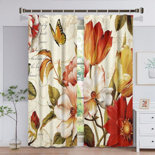 A Family Of Home Textiles Sonnenschutzvorhang mit Blumen- und Blättermuster im Retro-Stil, halbtransparent, Mehrfarbig, Breite: 220 cm, Höhe: 240 cm - Bild 1