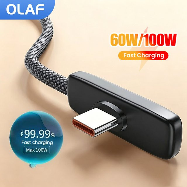Olaf USB-C auf Typ-C Schnellladekabel mit 90 Grad Winkel, 100W Power Delivery, Schwarz - Bild 1