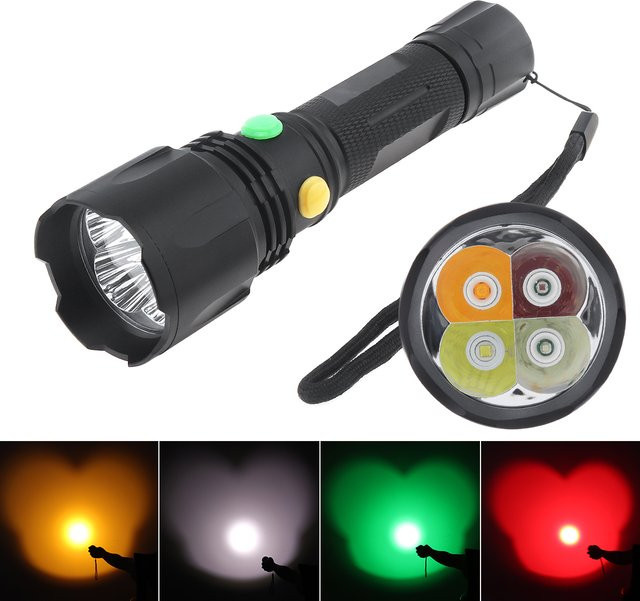SecurityIng Taktische LED Taschenlampe mit 1000 Lumen und 10W, Wiederaufladbar, Schwarz, 4 Lichtfarben Weiß/Rot/Grün/Gelb - Bild 1