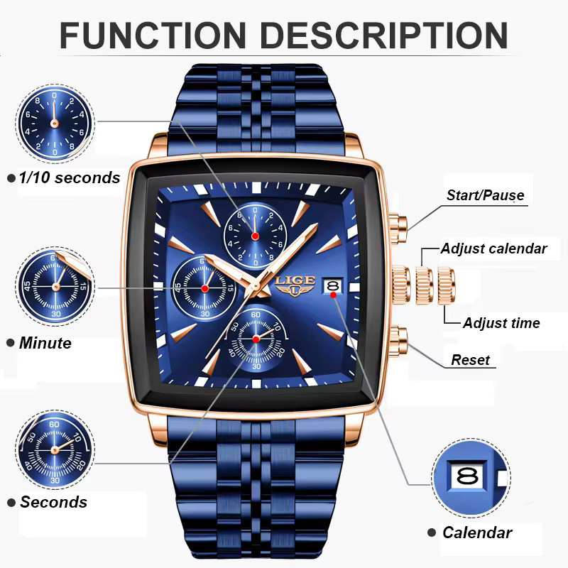 LIGE Chronograph Armbanduhr, Quarz, Edelstahl, Blau, Herren, Eckig - Bild 3