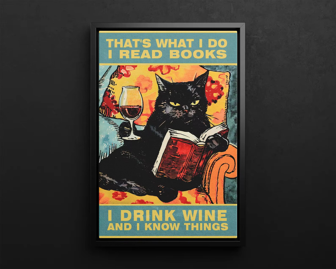 Vintage Wandkunst von SHENCHEN mit schwarzer Katze, Buch und Wein in Typografie-Design als Poster oder Leinwanddruck - Bild 5