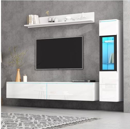 MUVOE Wandset für dein Wohnzimmer in Weiß mit modernem Design, Hängeschrank, Regal und TV-Element mit integrierter Beleuchtung - Bild 1