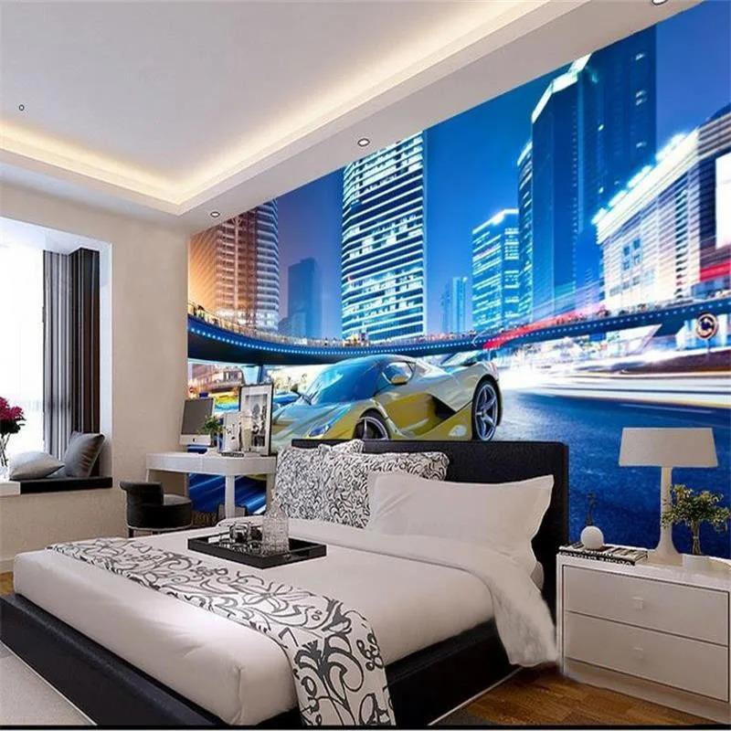 KOMNNI 3D Wandbild Stadt Nachtlandschaft mit gelbem Auto, moderne Tapete aus Seidenmaterial, B: 200 cm, H: 140 cm - Bild 2