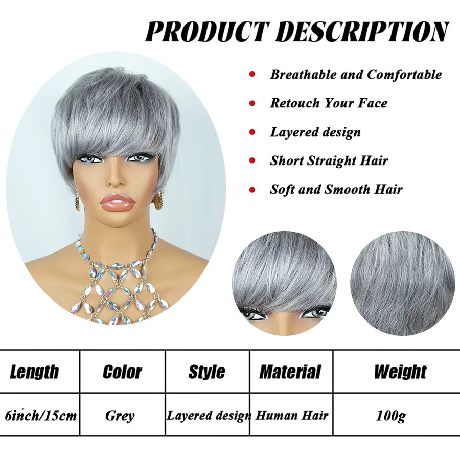 OYM HAIR Perücke, Pixie-Schnitt, grau, brasilianisches Echthaar, Damen - Bild 2