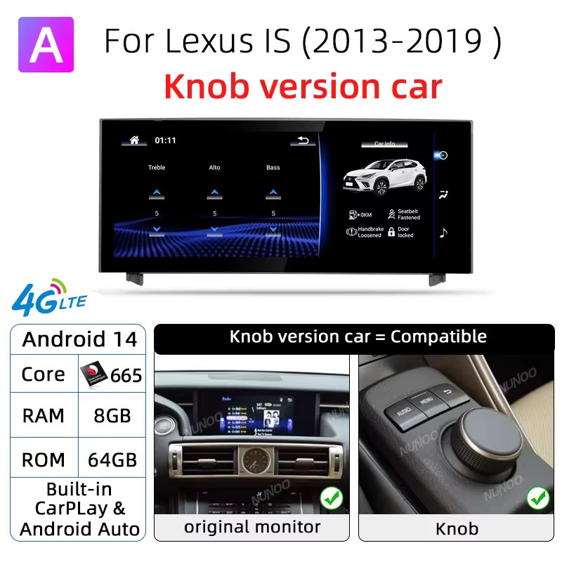 NUNOO Kabelloses Multimedia-Radio für Lexus IS 2013-2017 mit CarPlay, Android Auto, 4G, WiFi, GPS und DSP in Schwarz - Bild 5