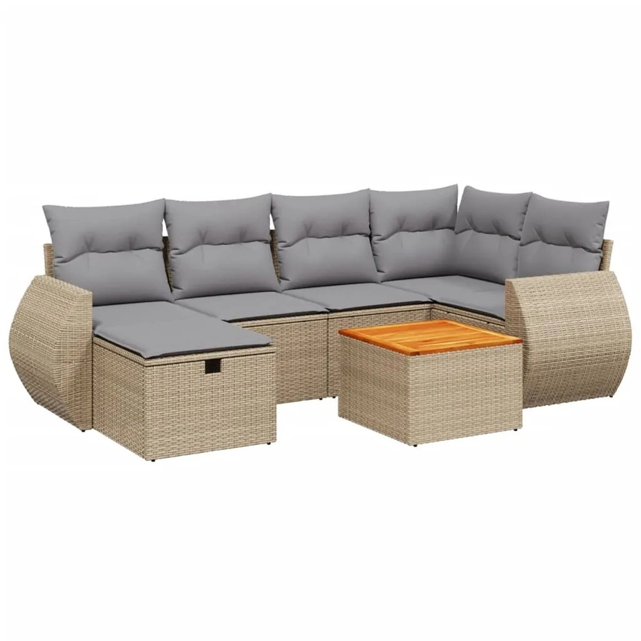 vidaXL 7-tlg Garten-Sofagarnitur in L-Form aus Poly-Rattan mit Kissen und Tisch in Beige und Grau - Bild 2