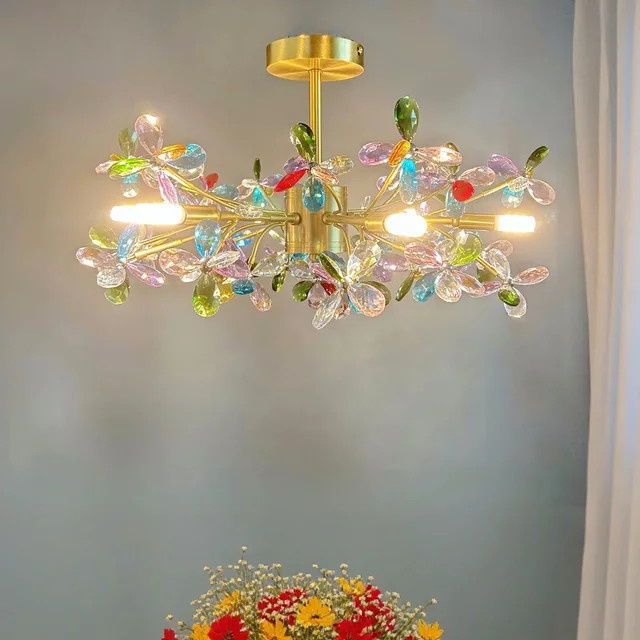 Wushiyu Kronleuchter im Bohemian-Stil mit bunten Kristallblütenblättern aus Glas und Metall in Gold/Messing für Wohnzimmer und Schlafzimmer mit LED-Beleuchtung - Bild 1