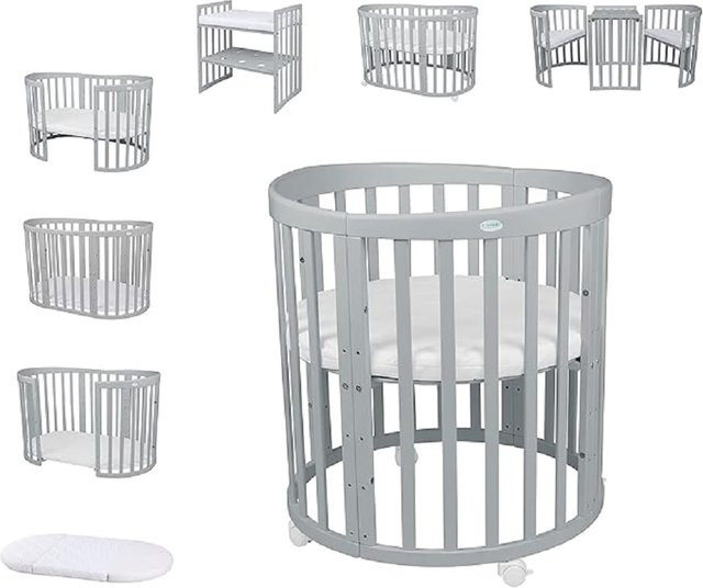 Waldin Babybett OWAL 7in1 Kinderbett aus Buchenholz mit Matratze, mitwachsendes Kinderbett, lackiert - Bild 1