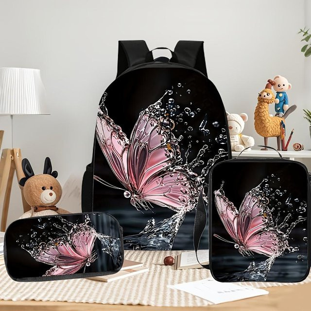 3er-Set Schulrucksack mit Schmetterling und Wassertropfen Aufdruck in Rosa und Schwarz inklusive Federmäppchen und Brotdose - Bild 1