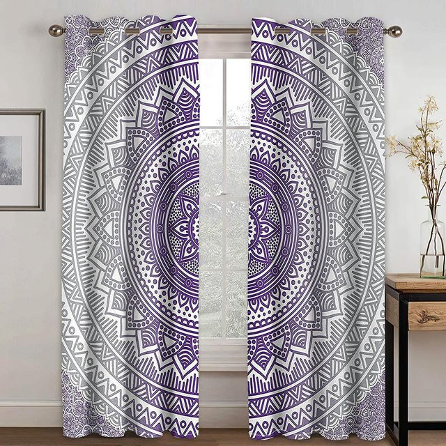 Yiran Furniture Vorhänge im böhmischen Stil mit Kaschmirblumen-Design, 2 Paneele, lila, semi-transparent, Höhe: 130 cm, Breite: 100 cm - Bild 1
