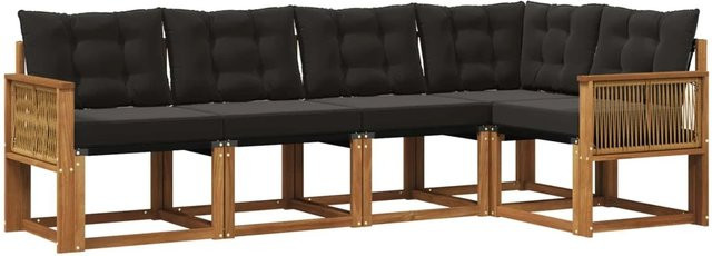 vidaXL Outdoor-Sofagarnitur L-Form aus massivem Akazienholz mit Textilene und 5 Kissen in Natur-Schwarz - Bild 1