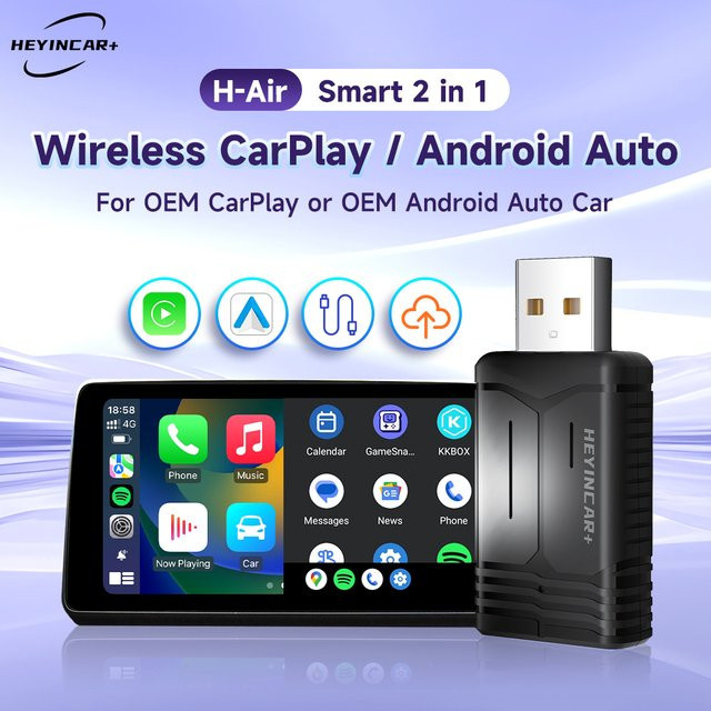 HEYINCAR Kabelloser CarPlay und Android Auto Adapter Smart AI Box als USB-Dongle für Toyota, Volvo und VW in Schwarz - Bild 1