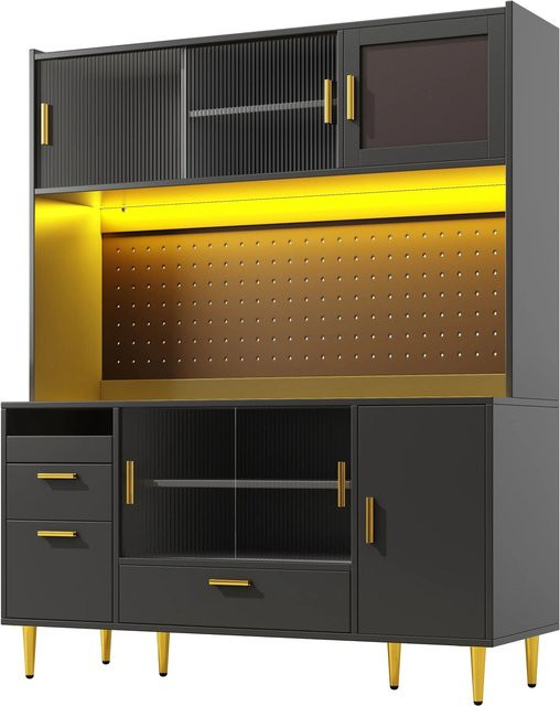 Merax Buffetschrank mit LED-Beleuchtung und Glas-Schiebetüren in Schwarz, B/T/H: 180 x 40 x 69,6 cm - Bild 1