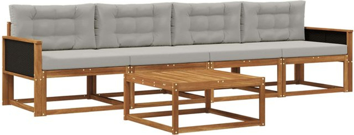 vidaXL Outdoor-Sofagarnitur aus Massivholz mit Kissen, 5-teiliges Loungemöbel-Set in Natur und Grau - Bild 1