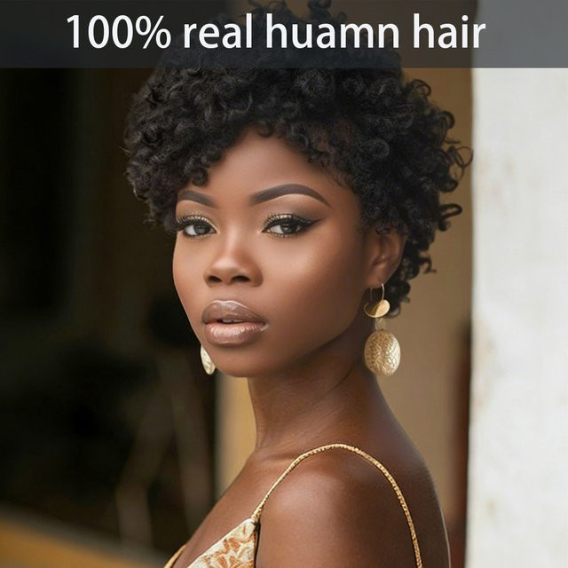 OYM HAIR Damen-Perücke, schwarze Frühlingslocken, kurzer Pixie-Schnitt, brasilianisches Remy-Echthaar, mit Pony, 180 % Dichte - Bild 1