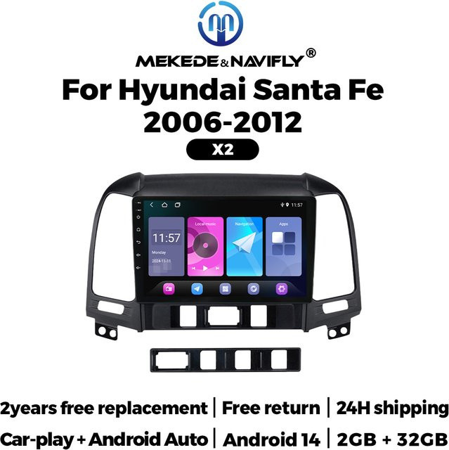 Mekede & Navifly Android 14 Multimedia Autoradio für Hyundai ix45 Santa Fe 2006-2012 mit GPS und Bluetooth, 8-Kern DSP, 2Din Stereo, Schwarz - Bild 1
