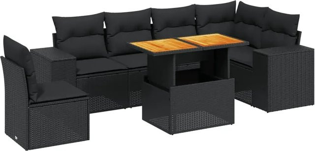 vidaXL 7-teilige Garten-Sofagarnitur in L-Form aus schwarzem Poly-Rattan mit Kissen und Akazienholz - Bild 1