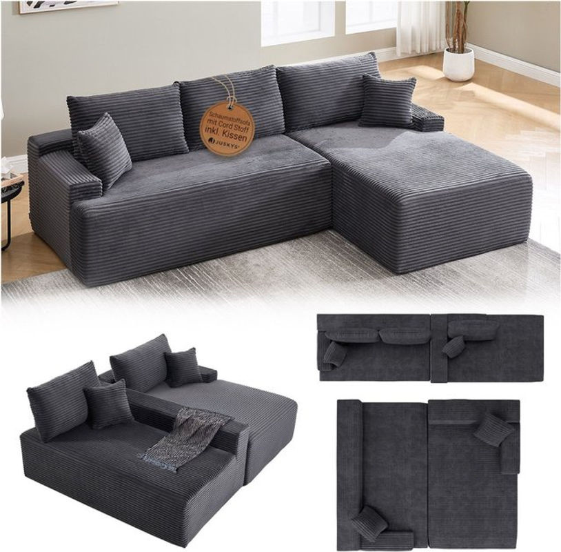 Juskys Ecksofa Coredo L-Form mit Ottomane rechts, 3 Sitzer Couch aus Cord in Dunkelgrau - Bild 5