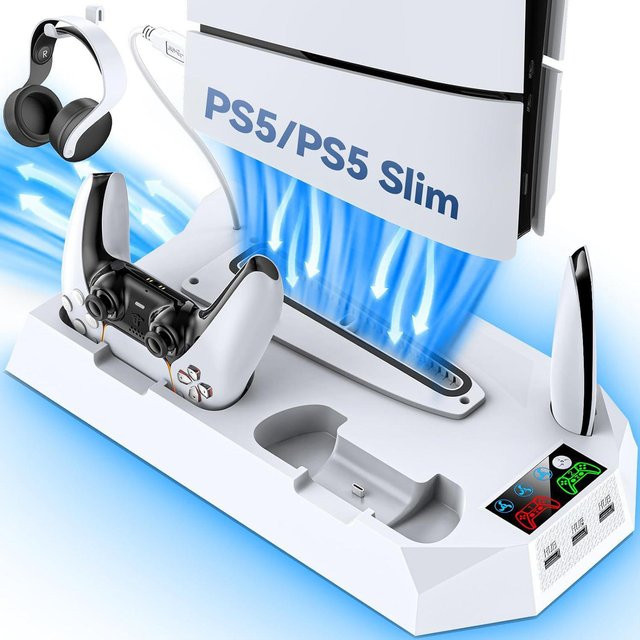 Gaming Bay Multifunktions-Kühlständer mit Doppelladegerät für PS5 Slim und PS5 Pro in Weiß mit USB-C Anschluss - Bild 1