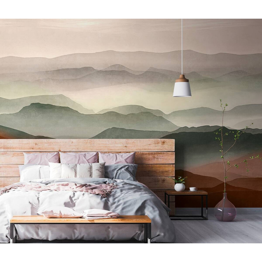 Livingwalls Fototapete Landschaft im Aquarellstil, Farben: violett, rot, grün, B/L: 280 x 371 cm - Bild 3